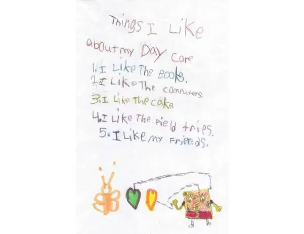 A child 's drawing of things i like about my day car.