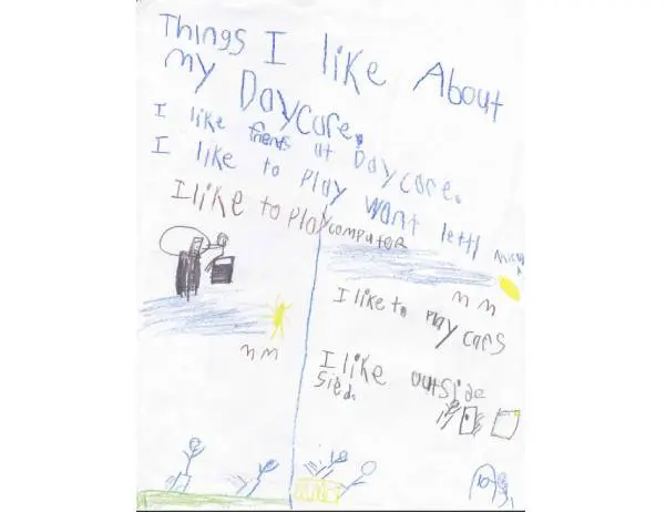 A child 's drawing of things i like about my daycare