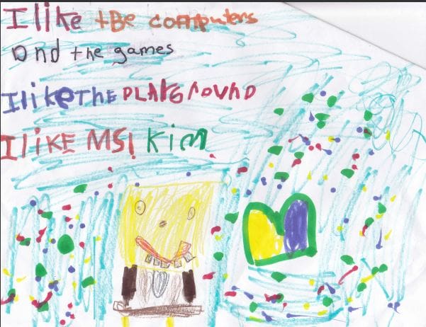 A child 's drawing of spongebob and the playground.